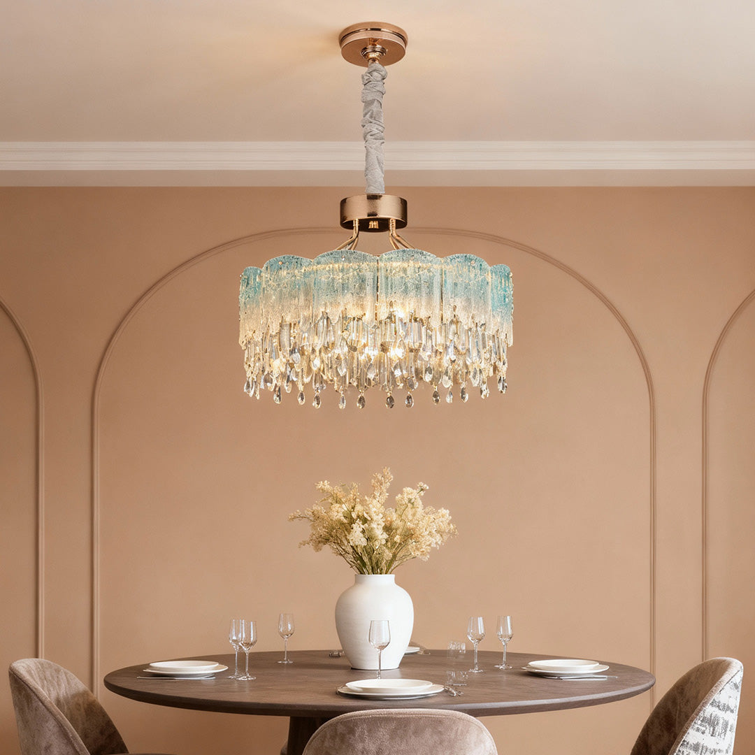 French Luxury Crystal Chandelier — Champagne Gold, Glass Fringe, 3-Step Dimming, Adjustable Cord, Six Models