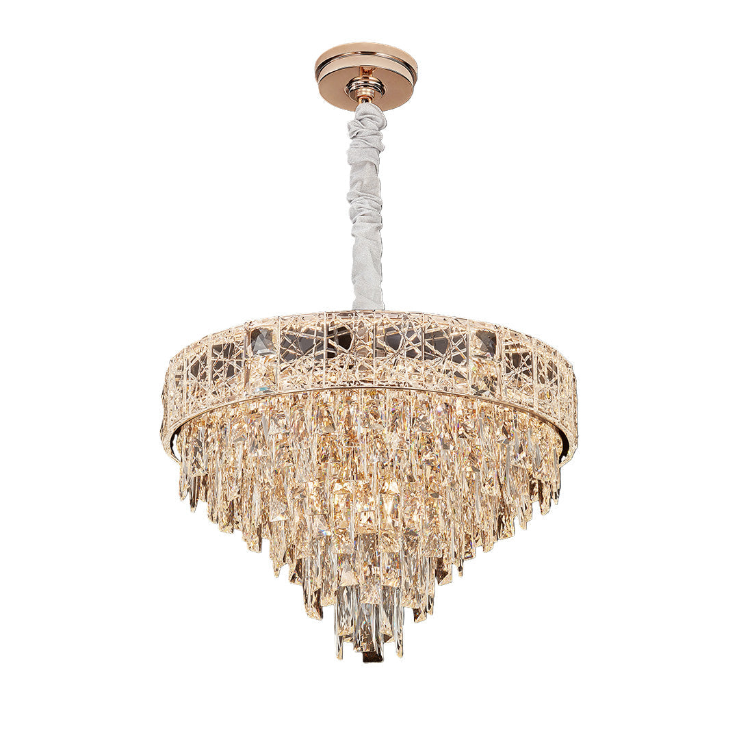 Luxury Crystal Chandelier — Champagne Gold Steel, Tri-Color Dimmable LED + E14, 4 Sizes (21.7"–37.4"), Adjustable Rope