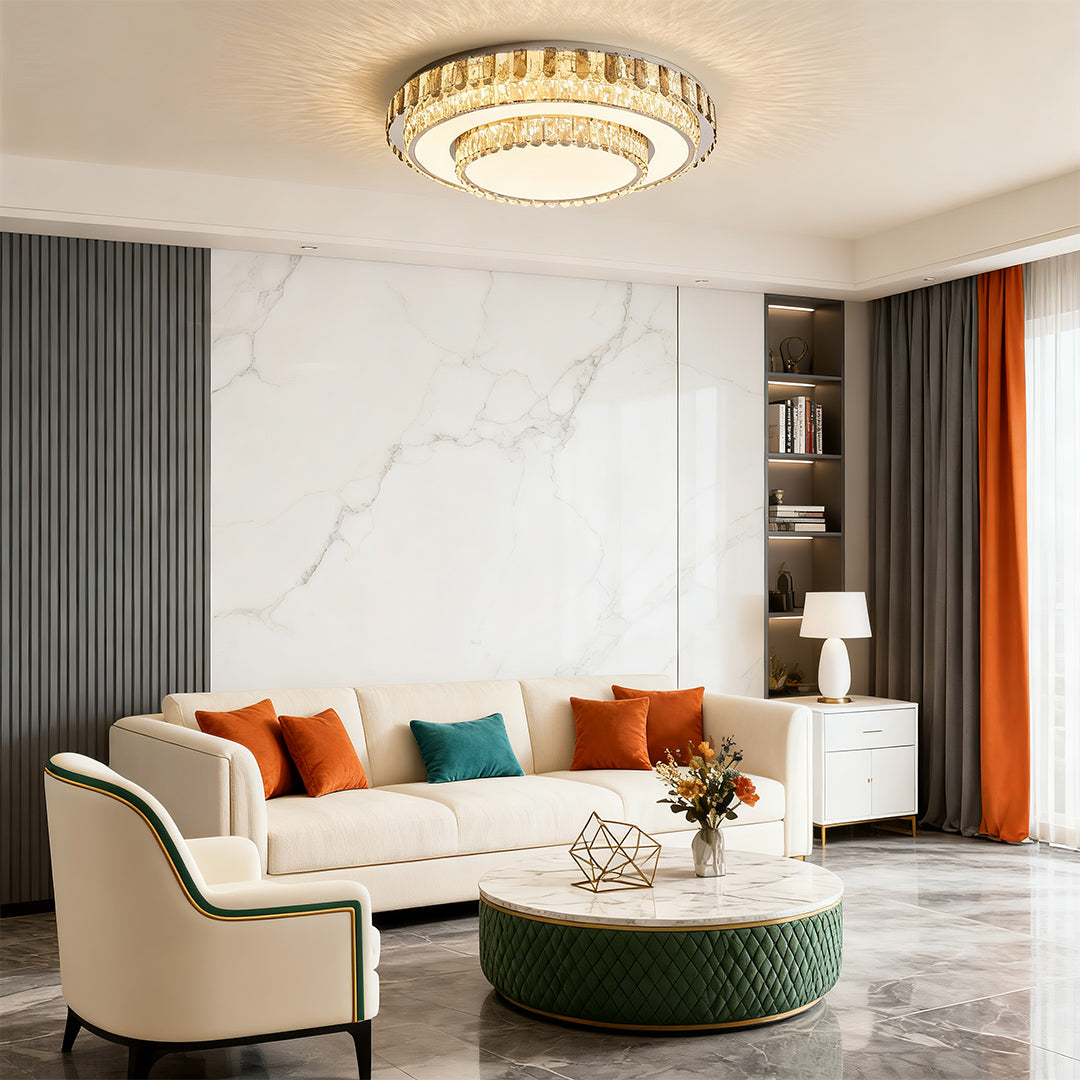 Multi-Layer Crystal Flush-Mount Chandelier — Chrome Stainless Steel, LED, Three-Color Dimming, 19.7"–39.4"