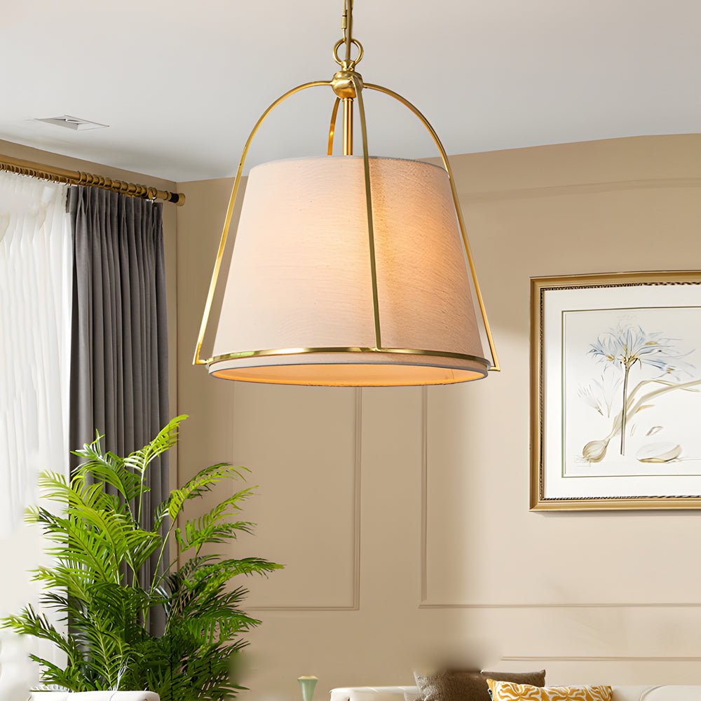 gold pendant fixture with white fabric shade 138 wide trapezoid design
