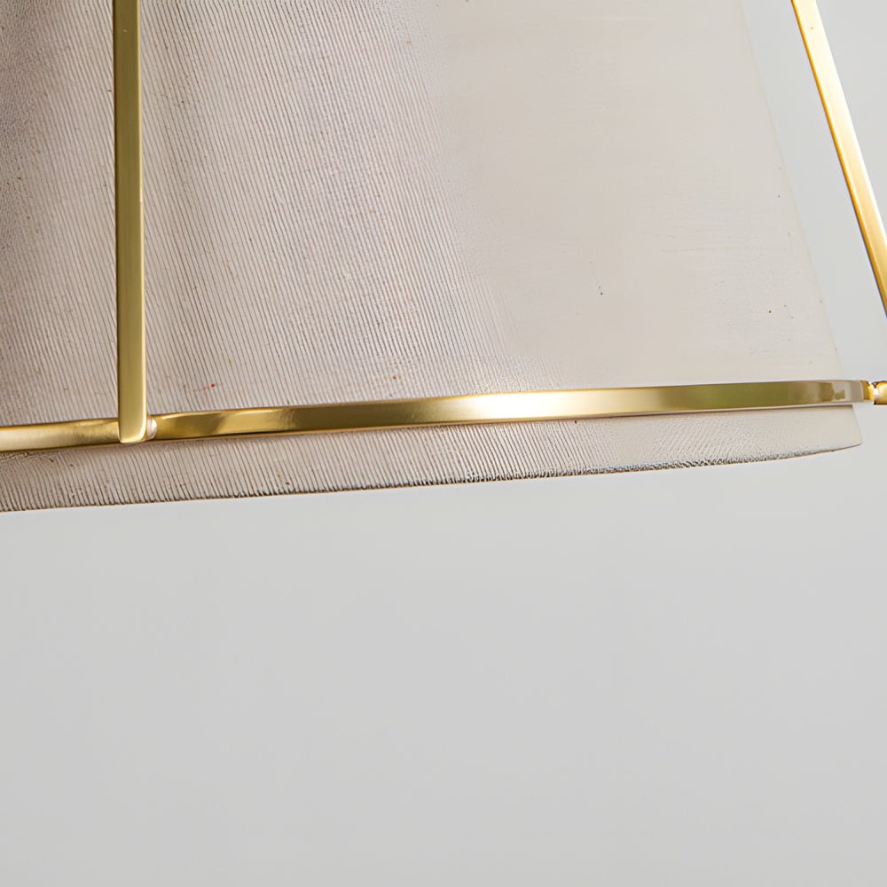 gold pendant fixture with white fabric shade 138 wide trapezoid design