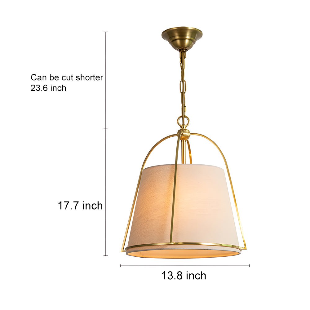 gold pendant fixture with white fabric shade 138 wide trapezoid design