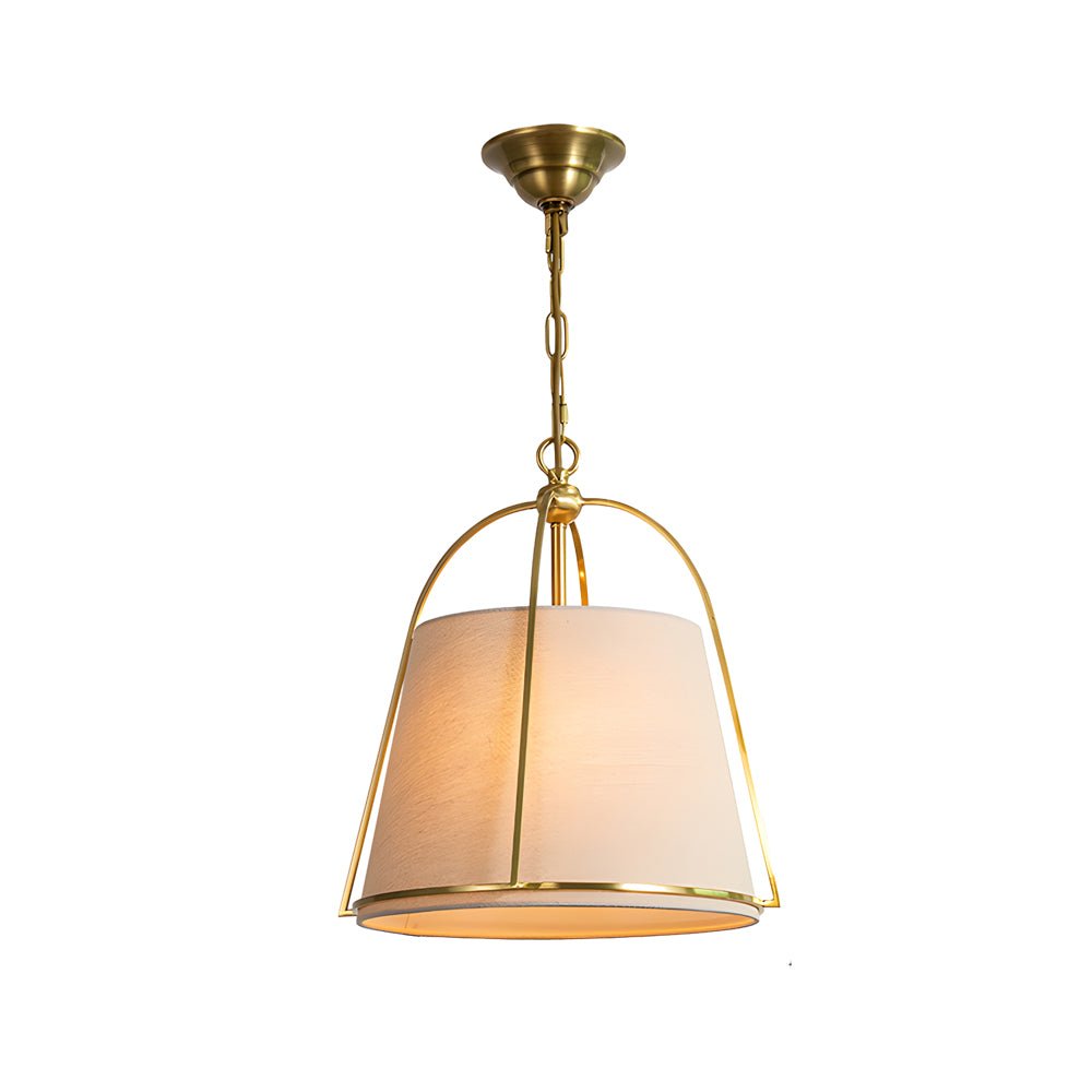 gold pendant fixture with white fabric shade 138 wide trapezoid design