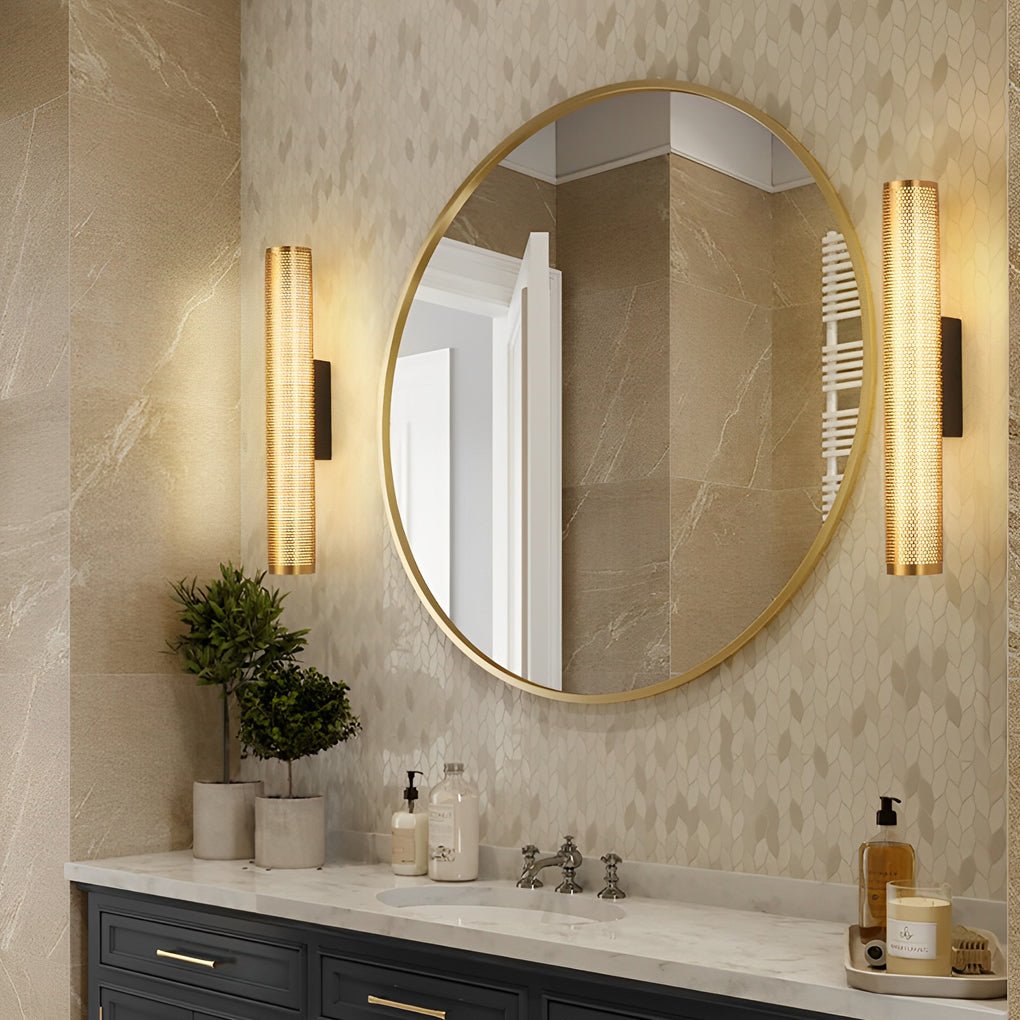 Perforated Mesh Cylindrical Vanity Light Bar — Gold, Hardwired LED, 3000K, 15.7" x 2.4"
