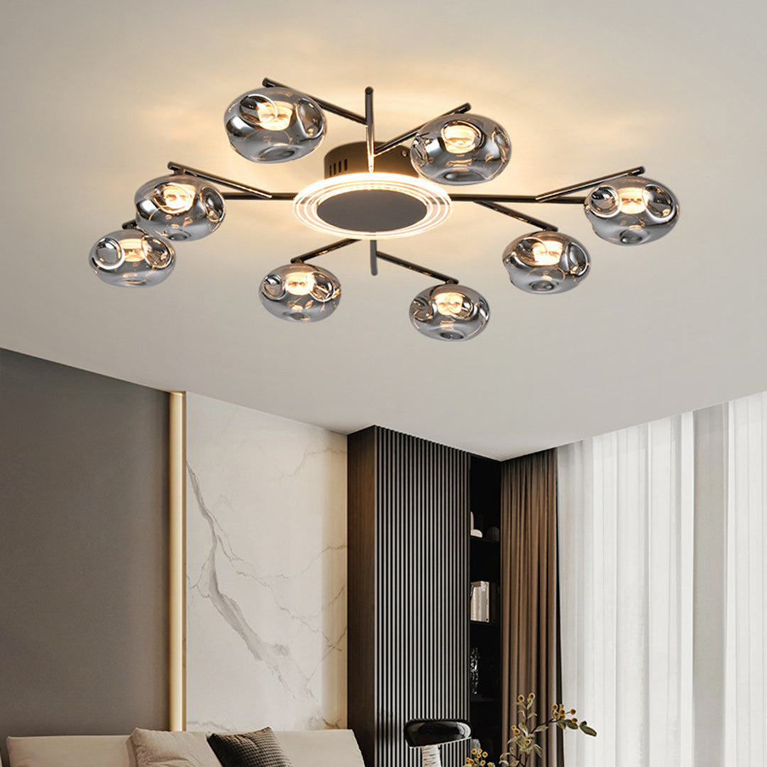 Branching Round Semi-Flush Mount — Wrought Iron and Glass, 8-Light 63W or 12-Light 91W, Three-Color Dimming, Ra≥97