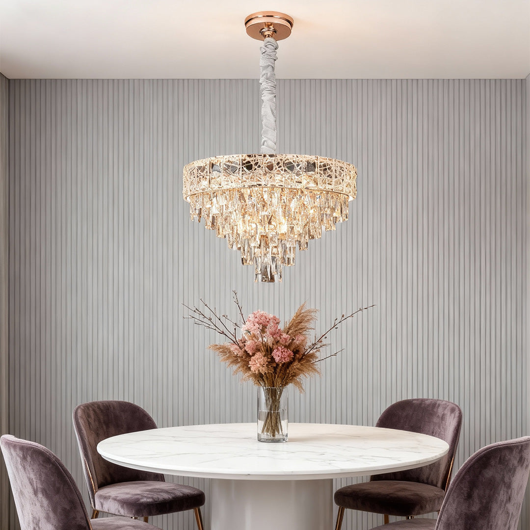 Luxury Crystal Chandelier — Champagne Gold Steel, Tri-Color Dimmable LED + E14, 4 Sizes (21.7"–37.4"), Adjustable Rope