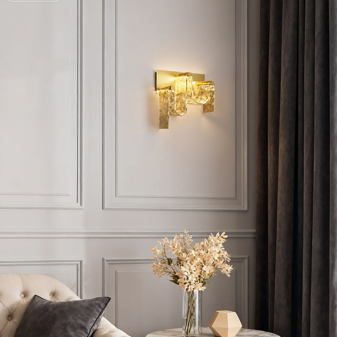 Italian Light Luxury Wall Sconce — Gold Metal, Amber Glass, LED, 9W / 11W, 3000K Warm White