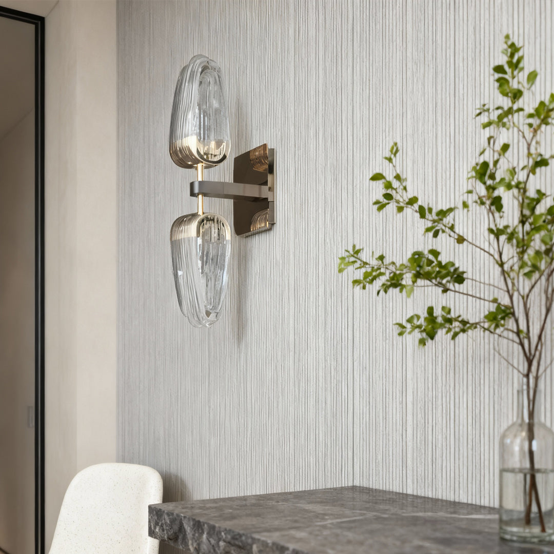 Symmetrical Dual-Head Wall Sconce — Gold-Gray Aluminum, White Acrylic, 15W LED, Three-Color Dimming (3000K/4500K/6000K)