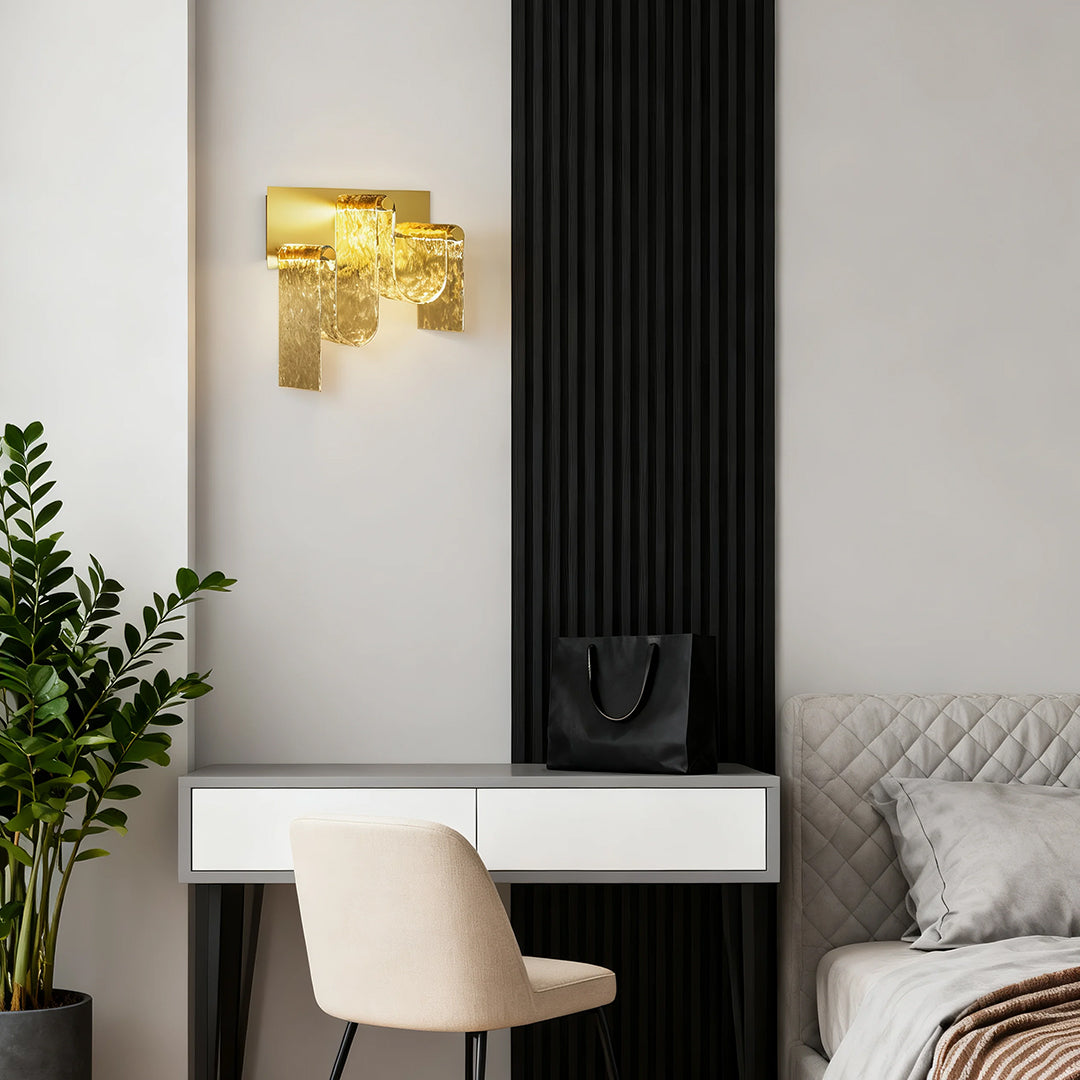 Italian Light Luxury Wall Sconce — Gold Metal, Amber Glass, LED, 9W / 11W, 3000K Warm White