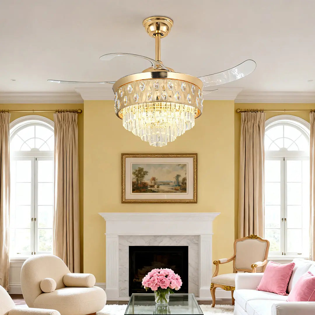 Luxury Gold Iron Ceiling Fans with Crystal Pendant Lights Luxe