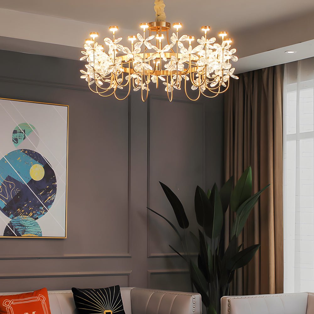 Flower Crystal Chandelier — Gold Iron, 24-Light LED, Three-Step Dimming (3000K/4500K/6000K)