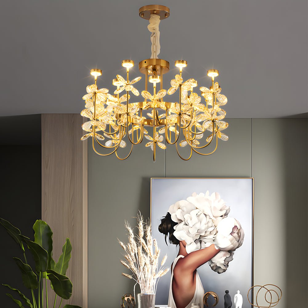 Flower Crystal Chandelier — Gold Iron, 24-Light LED, Three-Step Dimming (3000K/4500K/6000K)
