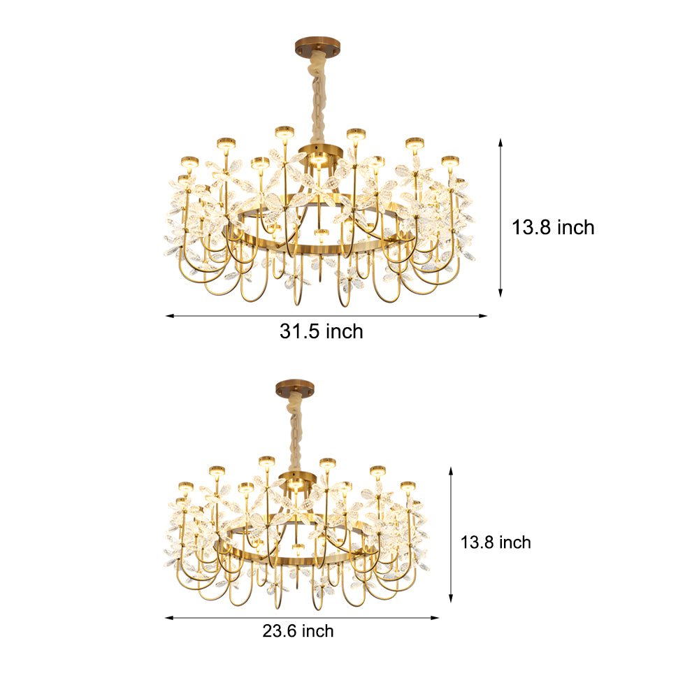 Flower Crystal Chandelier — Gold Iron, 24-Light LED, Three-Step Dimming (3000K/4500K/6000K)