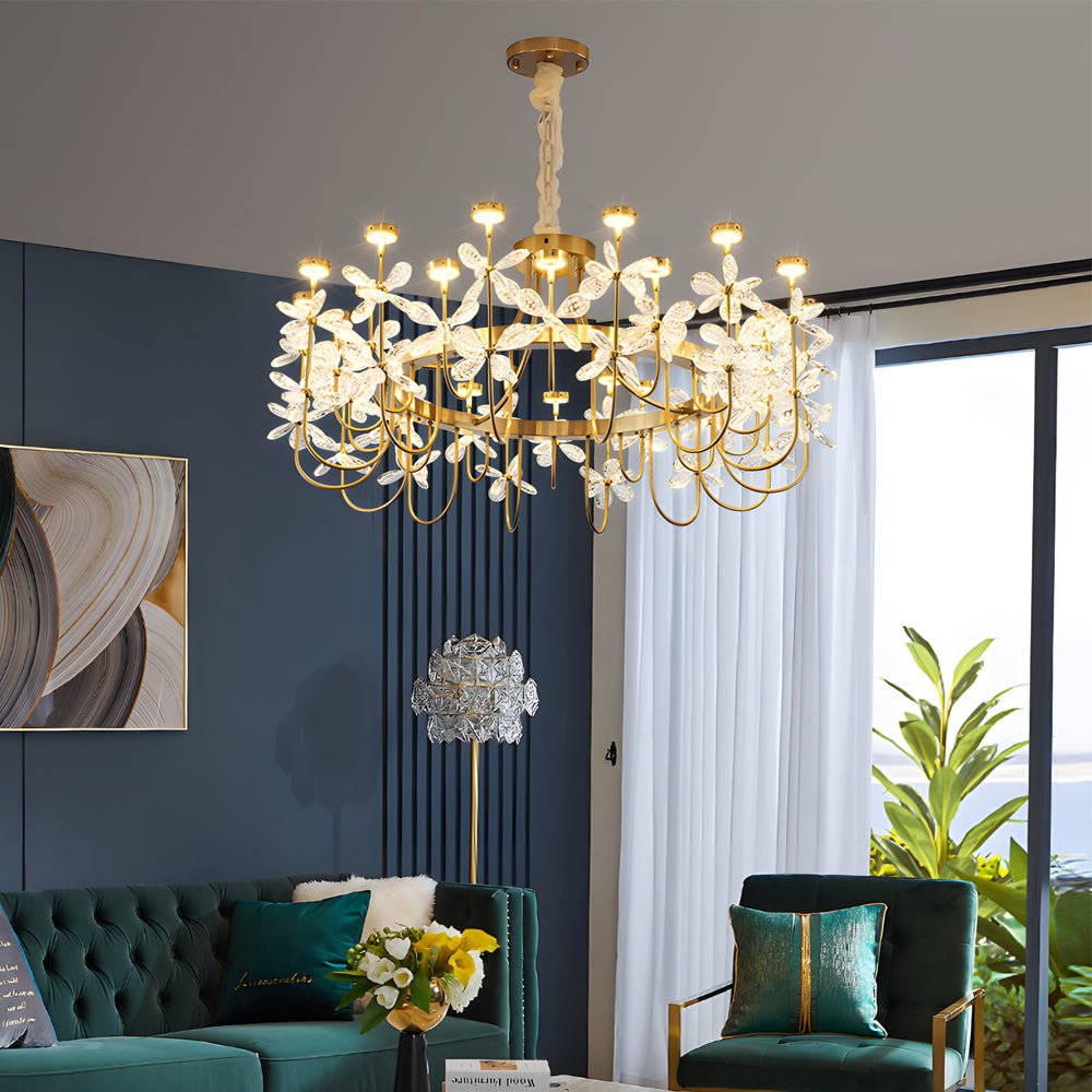Flower Crystal Chandelier — Gold Iron, 24-Light LED, Three-Step Dimming (3000K/4500K/6000K)
