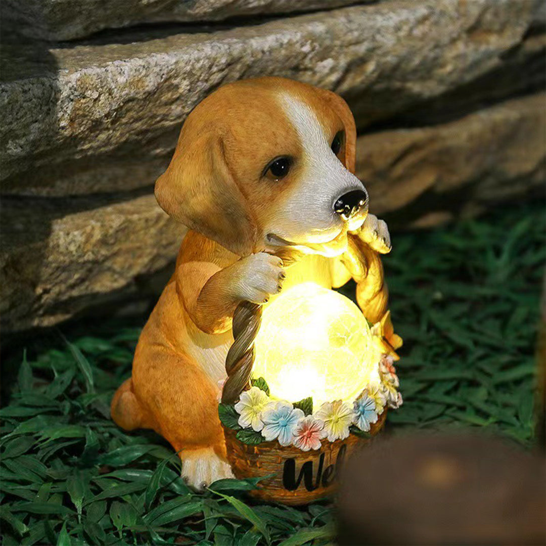 Puppy with Flower Basket Solar Garden Light — Resin, Warm White LED, IP44, Dusk-to-Dawn