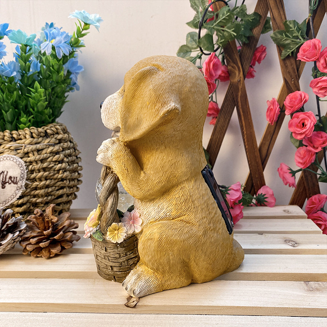 Puppy with Flower Basket Solar Garden Light — Resin, Warm White LED, IP44, Dusk-to-Dawn