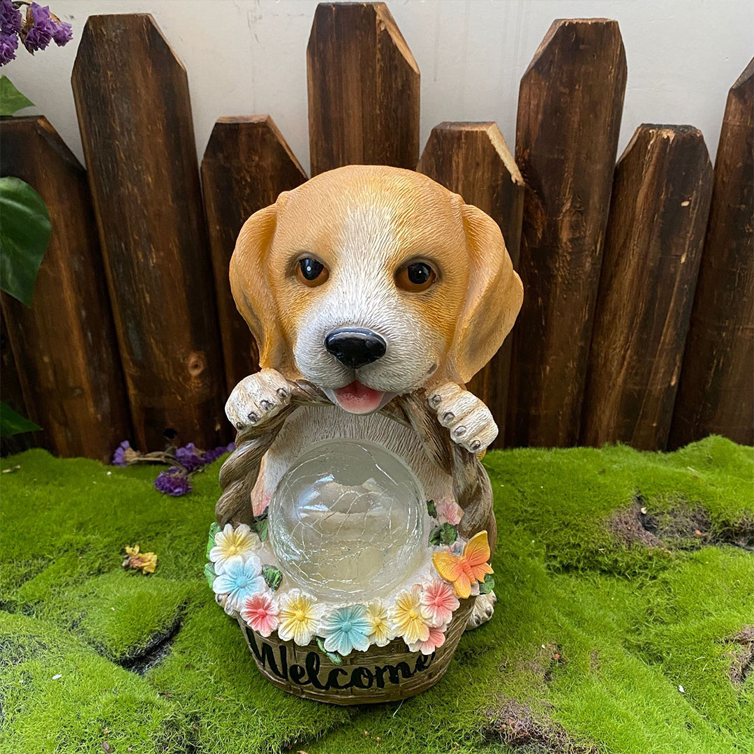 Puppy with Flower Basket Solar Garden Light — Resin, Warm White LED, IP44, Dusk-to-Dawn