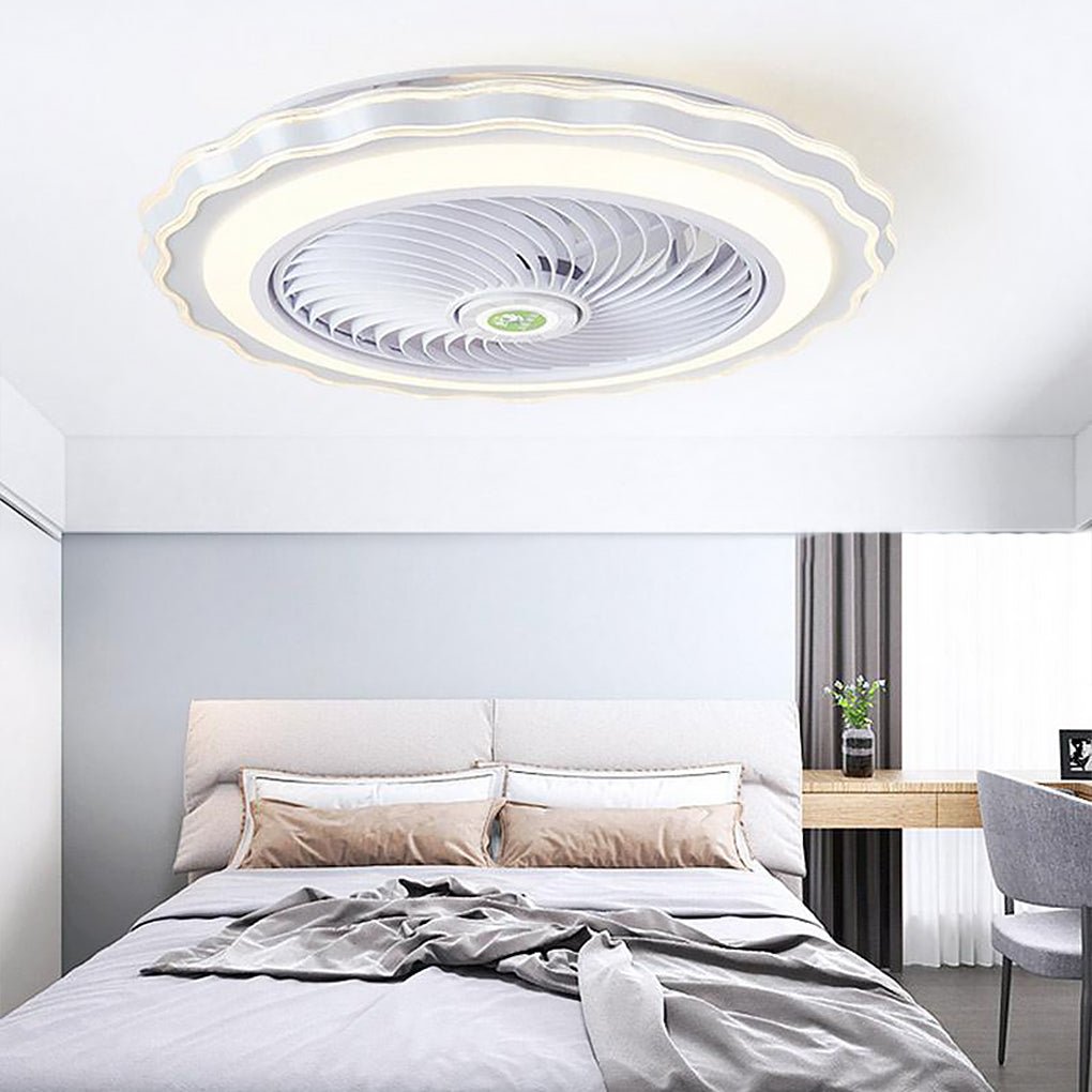 Modern Bladeless Ceiling Fan with Light and Remote in Goldish White, Crown-Shaped Design