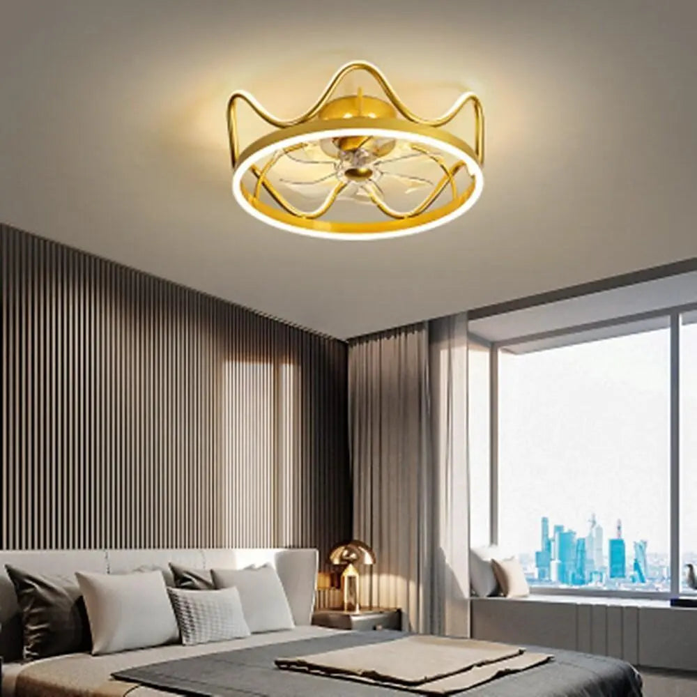 Gold and Black Crown-Shaped Ceiling Fan with Light Luxe