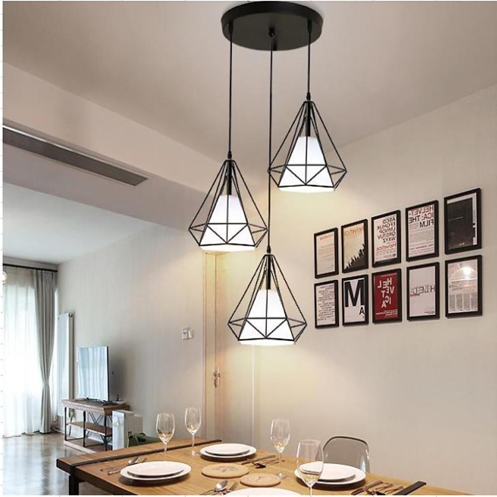 Geometric Metal and Fabric Lantern Cluster Pendant — Black Finish, 3-Light LED, 6000K, 20" Wide