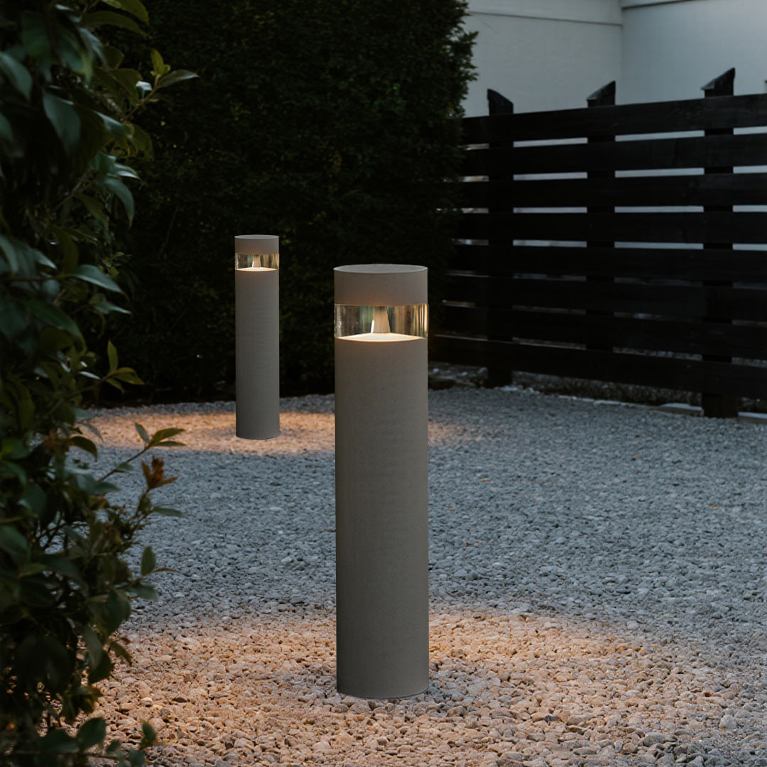 Minimalist Cylindrical Outdoor Bollard Path Light — Sand-Gray Aluminum, LED 12W, 3000K, IP65 Weatherproof