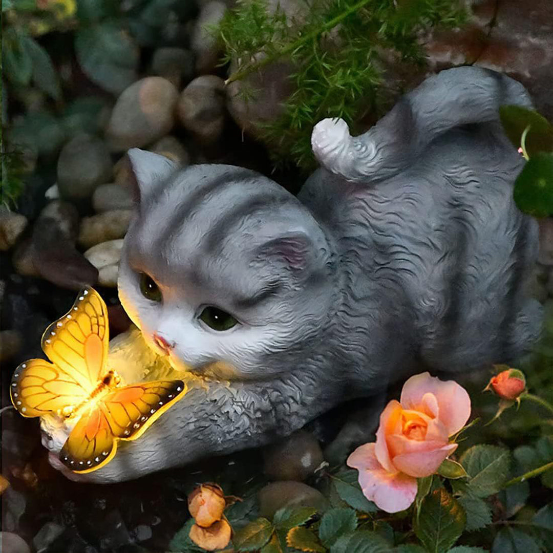 Cat Solar Garden Light — Hand-Painted Resin, LED Warm White, IP44, Dusk-to-Dawn