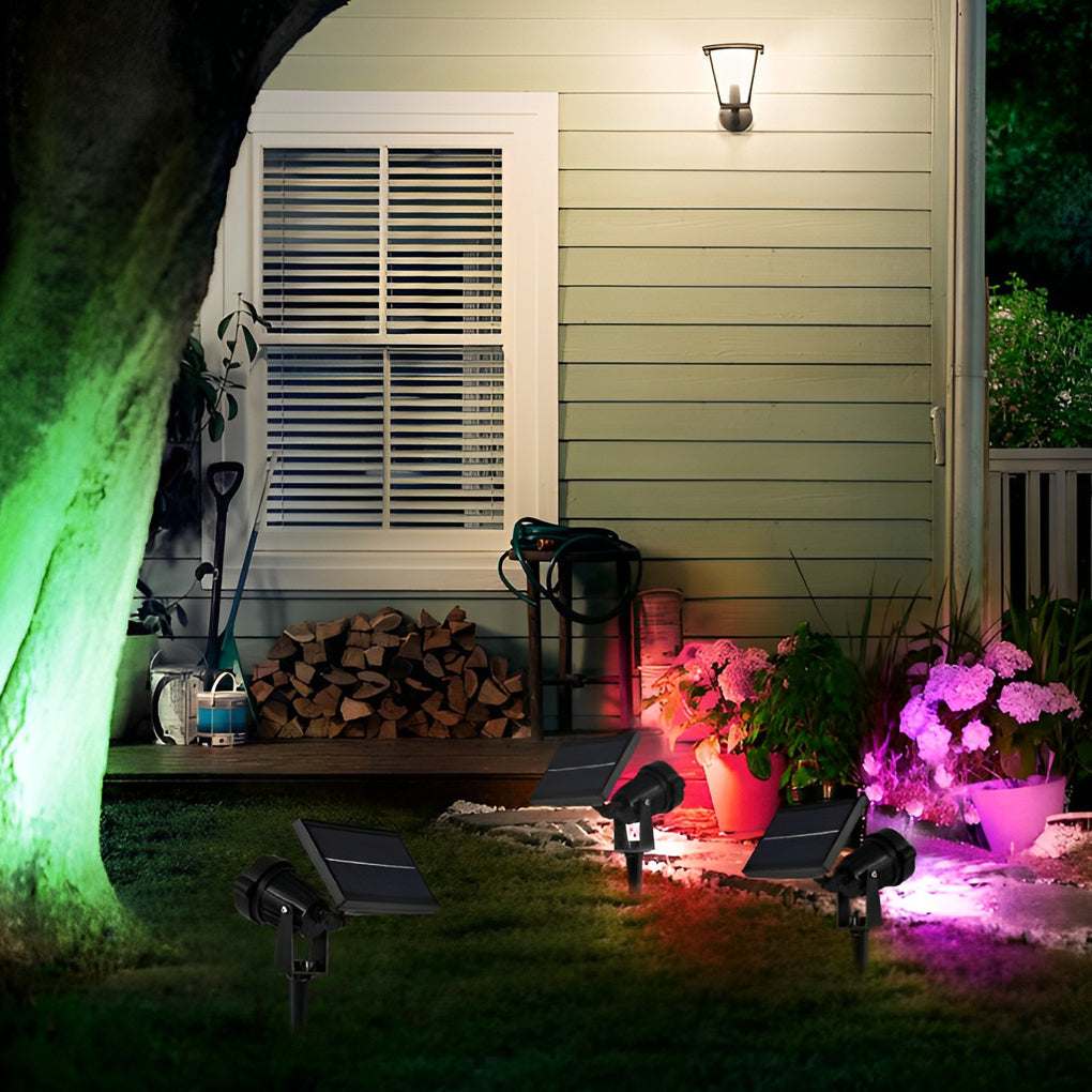 Adjustable RGB Solar Ground Spike Spotlight — Aluminum, 5W LED, IP65 Weatherproof, Warm White / RGB
