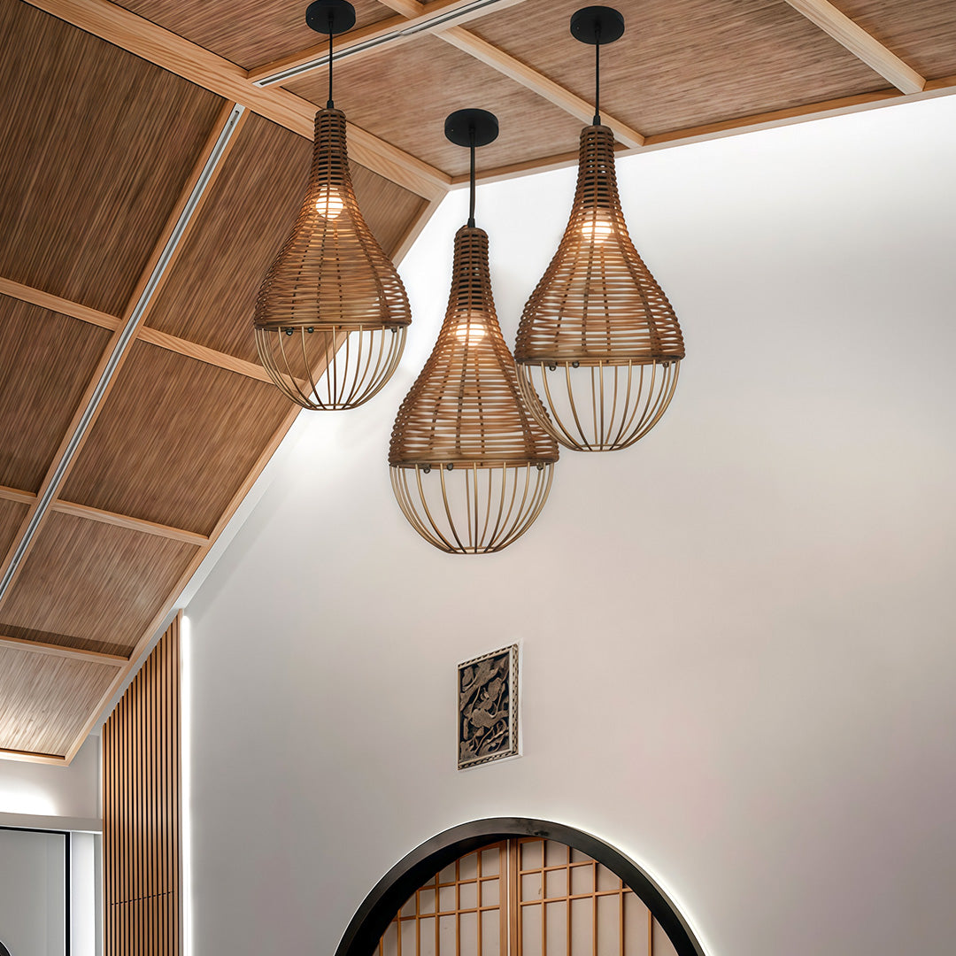 Retro Industrial Rattan Pendant — Brown Iron Frame, Handwoven Shade, 59.1" Adjustable Chain, LED E27, 7W, Warm White