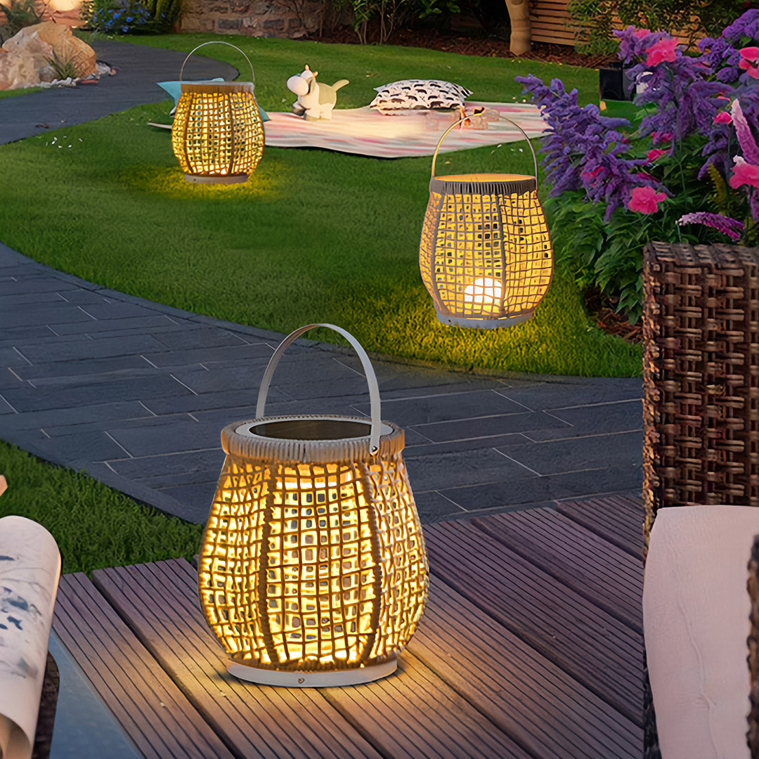 Woven Outdoor Lantern with Handle — Metal & Rattan, Portable, 10W Plug-in / USB Rechargeable / Solar, 4000mAh, IP-Rated