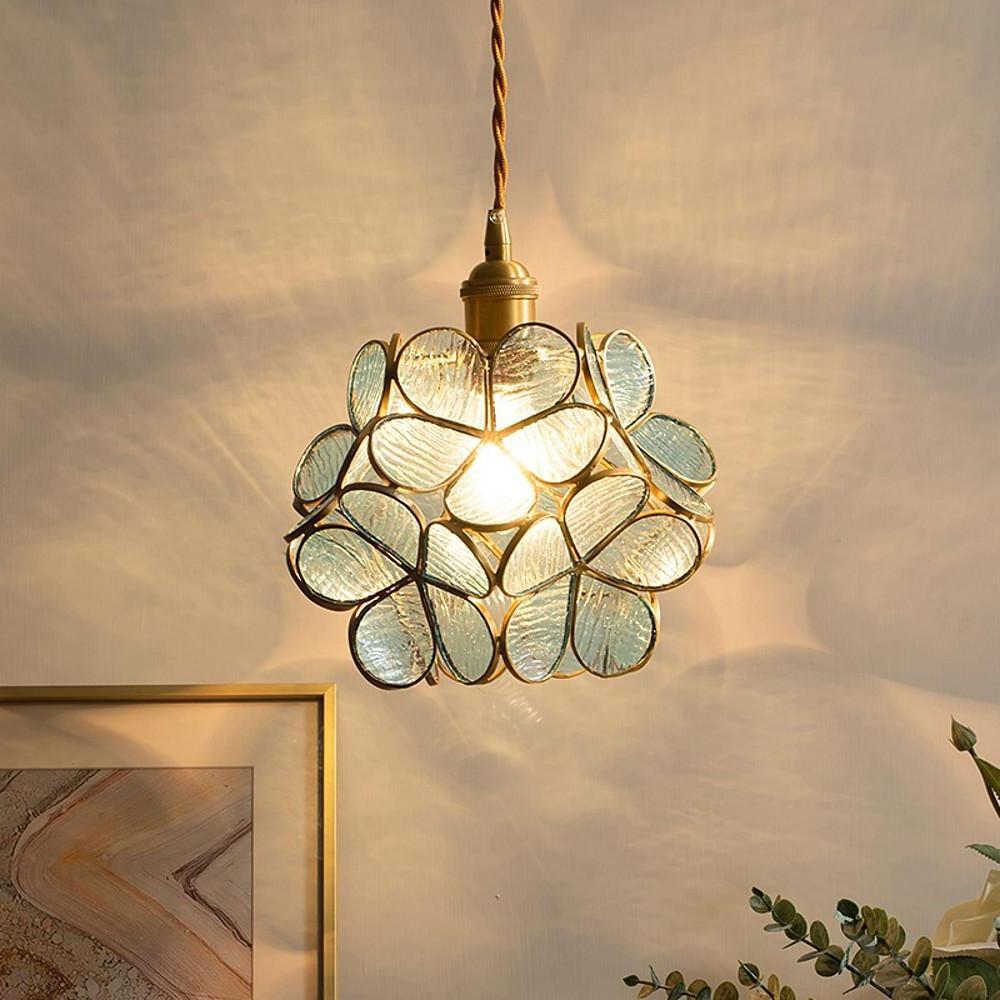 Flower Pattern Glass Mini Pendant — Copper, 8" Diameter, Adjustable 39" Cord