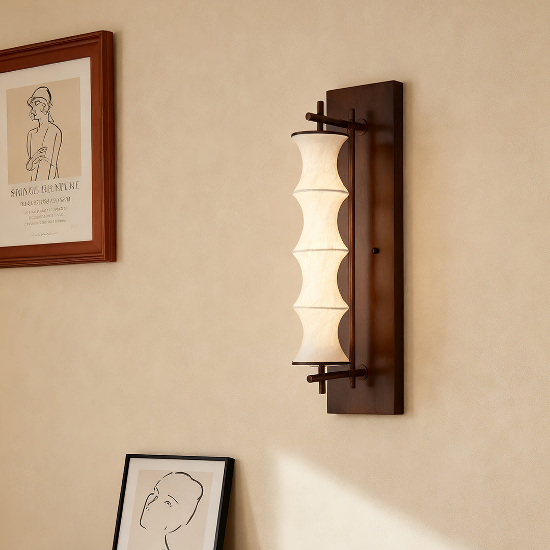 Vintage Bamboo Node Wall Sconce — Walnut Metal, Silk Shade, 8W 3000K LED, 23.6"