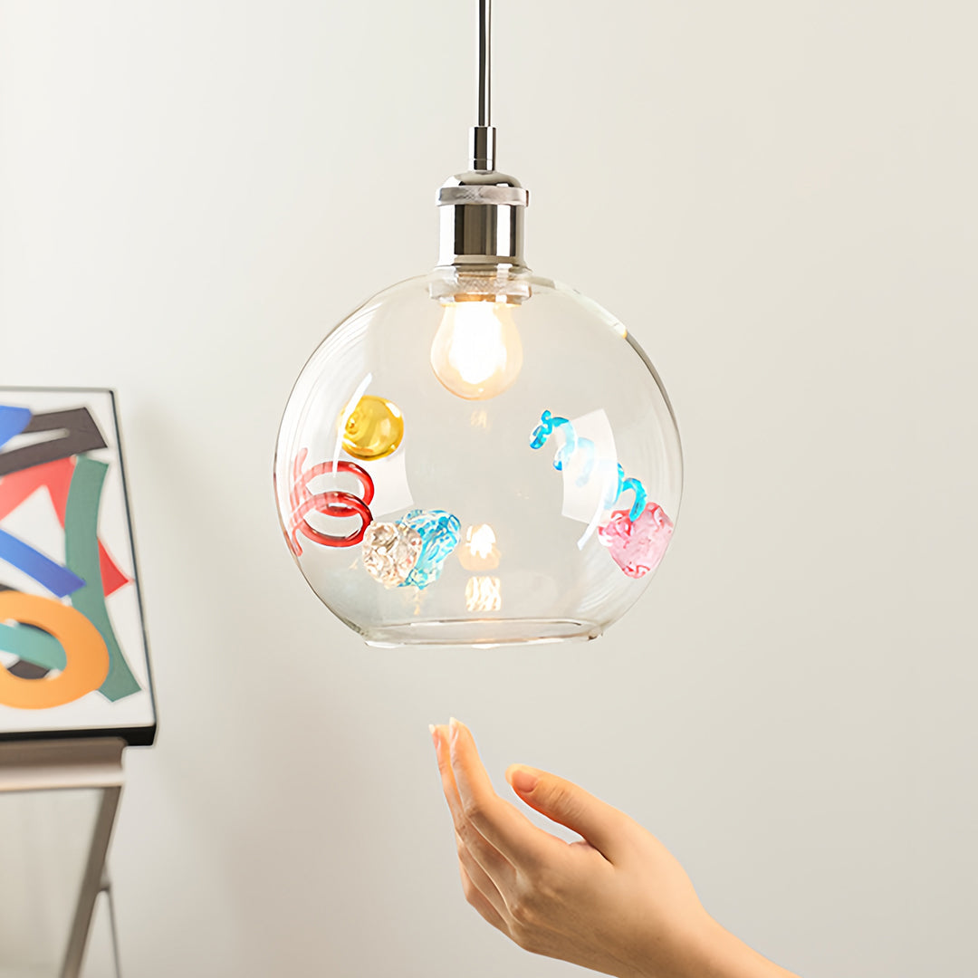 Memphis Geometric Iridescent Glass Globe Mini Pendant — White Metal Frame, E27, 1-Light, 20cm, Adjustable 2m Chain