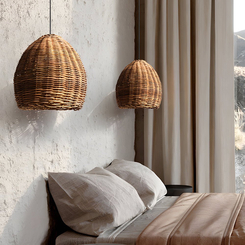 Wabi-Sabi Rattan & Iron Pendant Chandelier — E27, 10W LED, 14.2" Diameter, Warm White 3000K