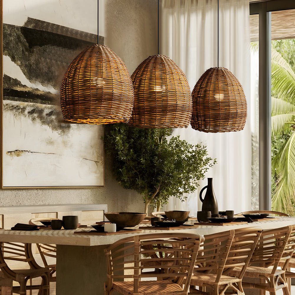 Wabi-Sabi Rattan & Iron Pendant Chandelier — E27, 10W LED, 14.2" Diameter, Warm White 3000K
