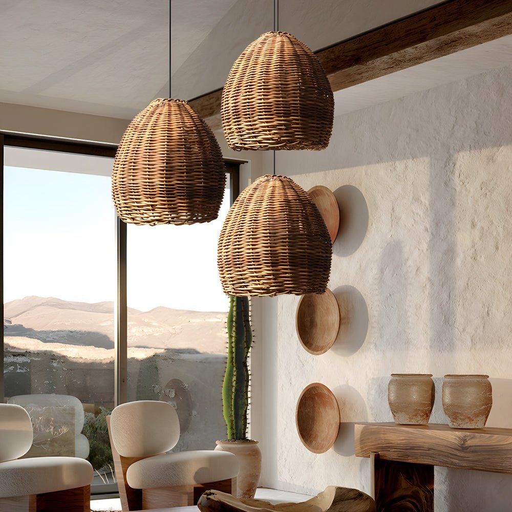 Wabi-Sabi Rattan & Iron Pendant Chandelier — E27, 10W LED, 14.2" Diameter, Warm White 3000K