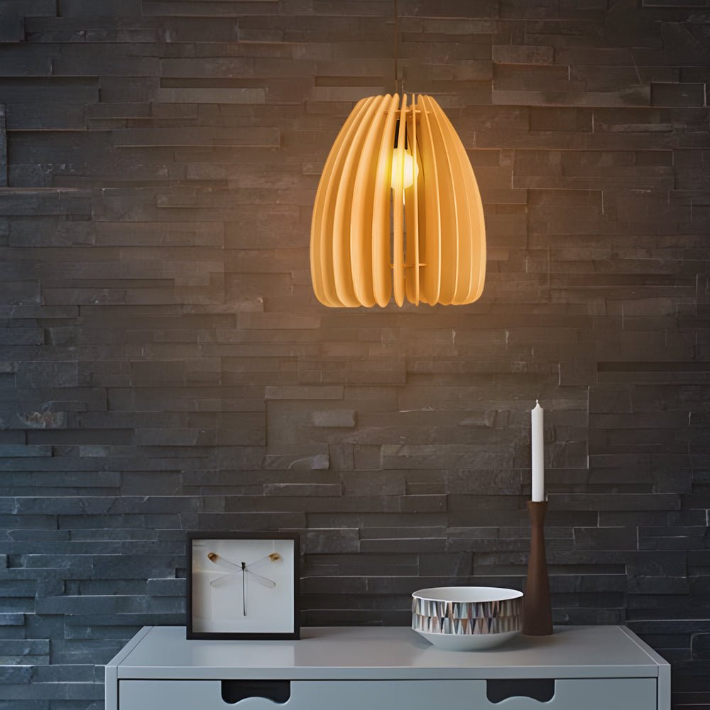 Hand-Woven Wood Veneer Lantern Pendant — Rustic Modern, E27, 3000K Warm White