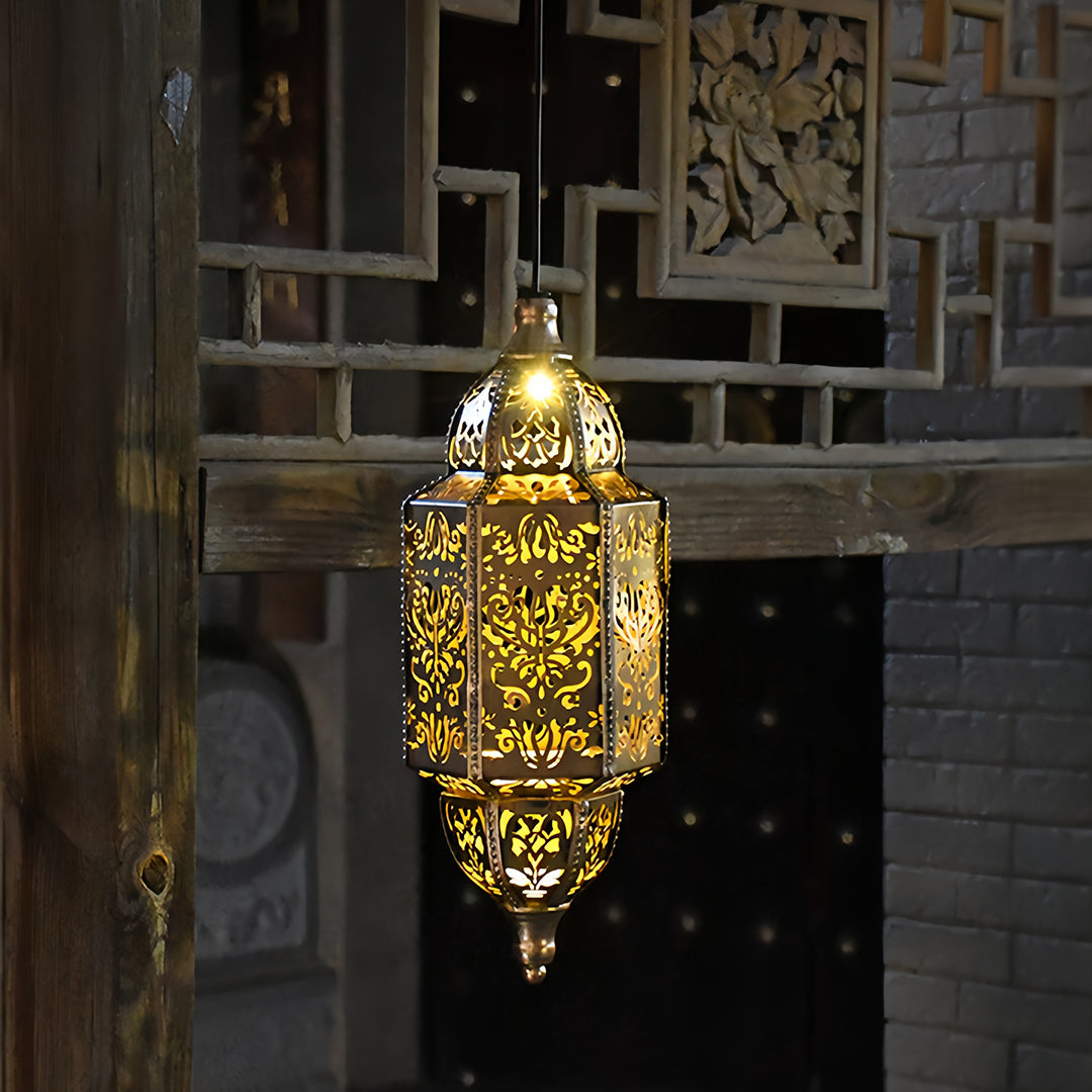 Moroccan Hollow Solar Outdoor Lantern — Wrought Iron, 0.5W Warm LED, 600mAh, IP44, Round or Rectangular