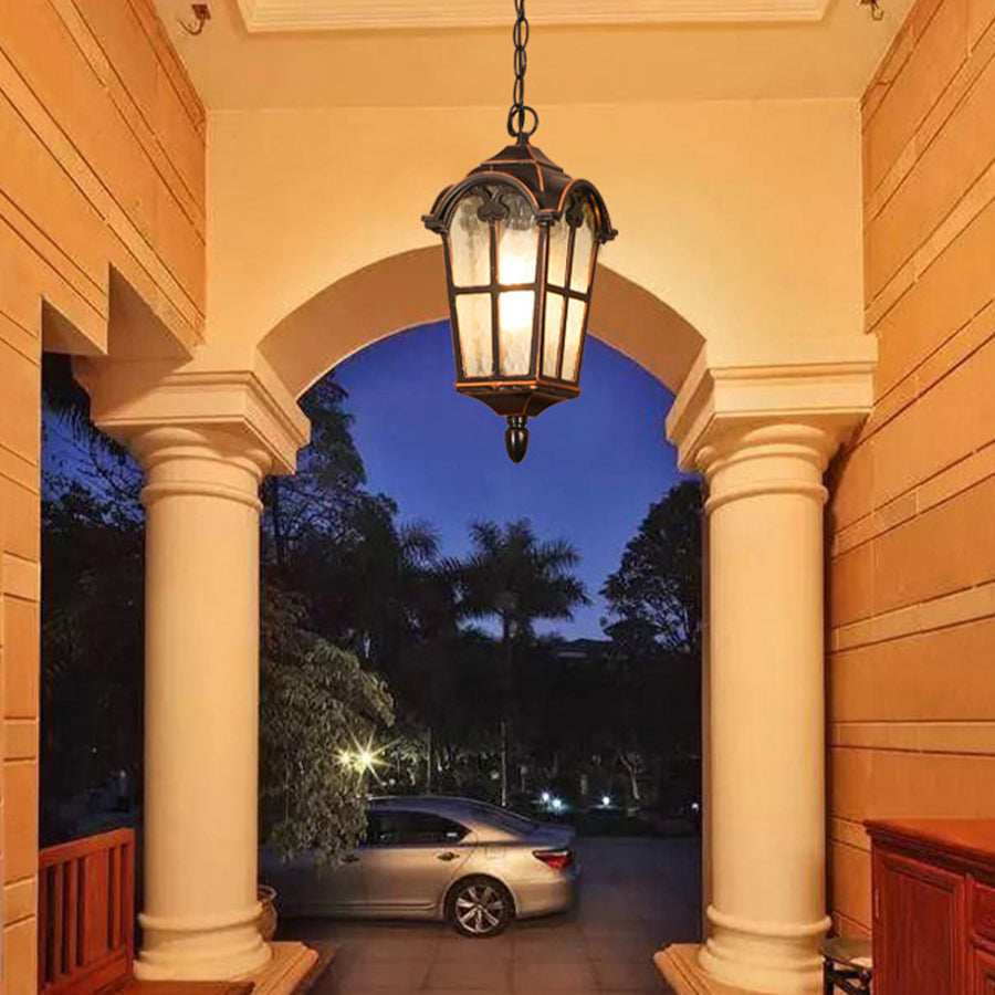 Roman-Style Outdoor Hanging Porch Light — Die-Cast Aluminum, Rippled Tempered Glass, Black and Gold, E27, IP55, 1-Light