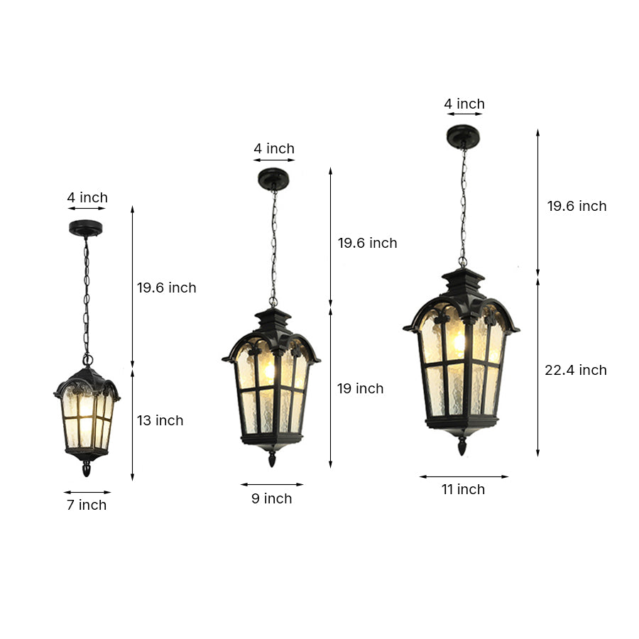 Roman-Style Outdoor Hanging Porch Light — Die-Cast Aluminum, Rippled Tempered Glass, Black and Gold, E27, IP55, 1-Light