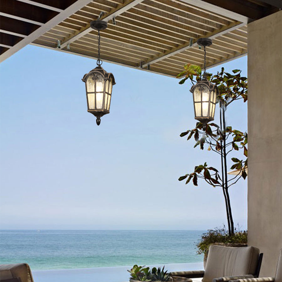 Roman-Style Outdoor Hanging Porch Light — Die-Cast Aluminum, Rippled Tempered Glass, Black and Gold, E27, IP55, 1-Light
