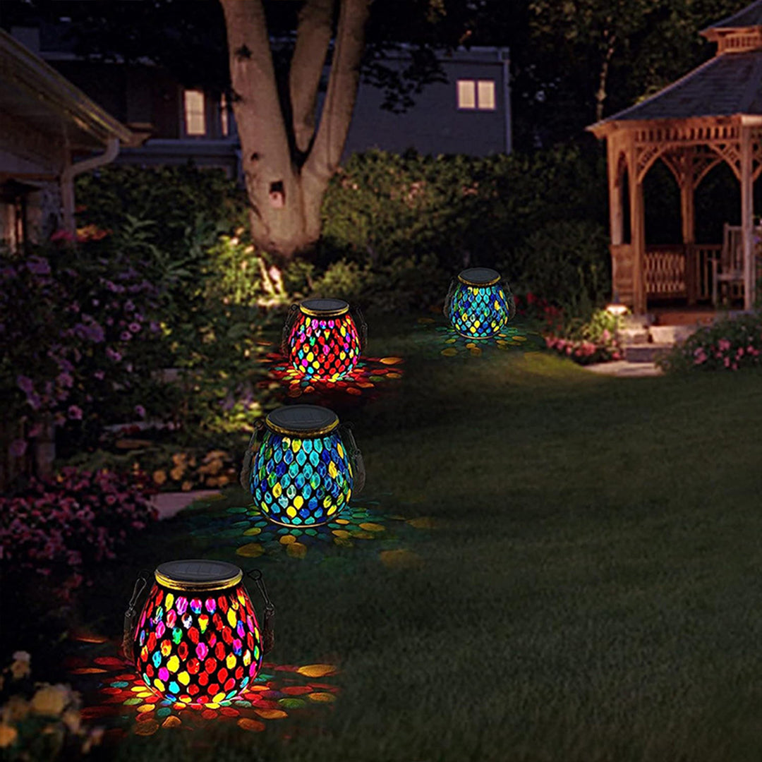 Stained Glass Mosaic Solar Lantern — Handcrafted, LED, IP65 Weatherproof, Dusk-to-Dawn, Hanging or Tabletop
