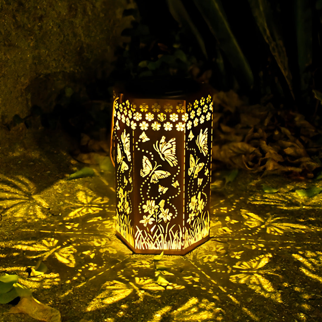 Hollow-Out Hexagonal Solar Outdoor Lantern — Copper-Red Wrought Iron, 0.5W Warm LED, IP44, 600mAh, Nature Motifs