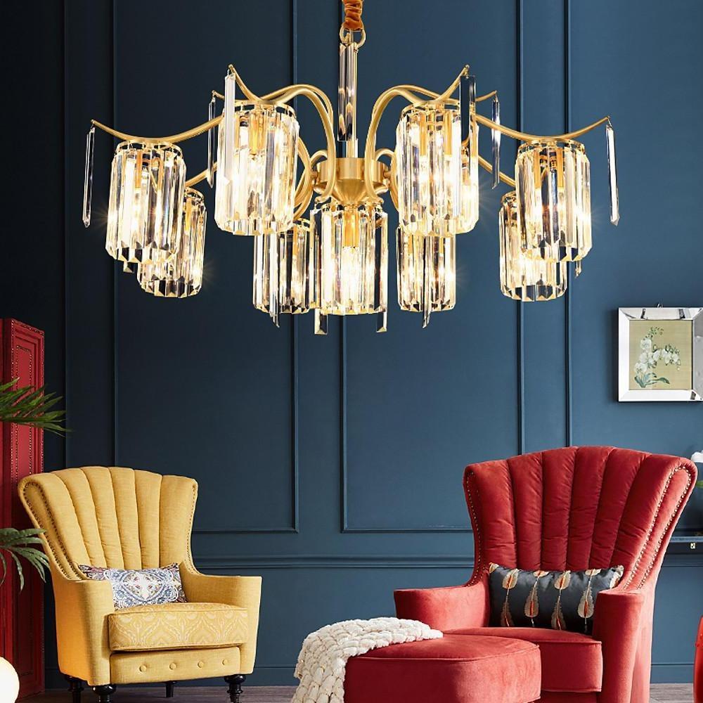 Modern Classical Gold LED Chandelier with Copper, Glass, and Crystal Accents