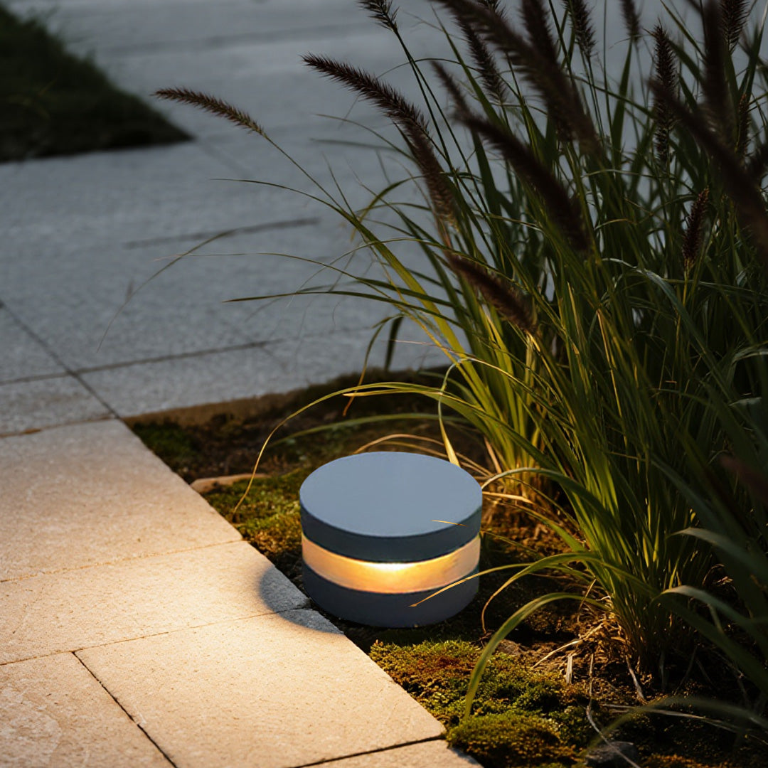 Minimalist Outdoor Bollard Light — Sand-Gray Aluminum and Glass, 12W LED, 3000K, IP65 Weatherproof, Hardwired, 110V