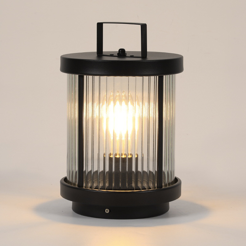 Striped Glass Cylinder Portable Outdoor Lantern — Stainless Steel Handle, LED, Solar / Hardwired, IP54, Warm White 3200K