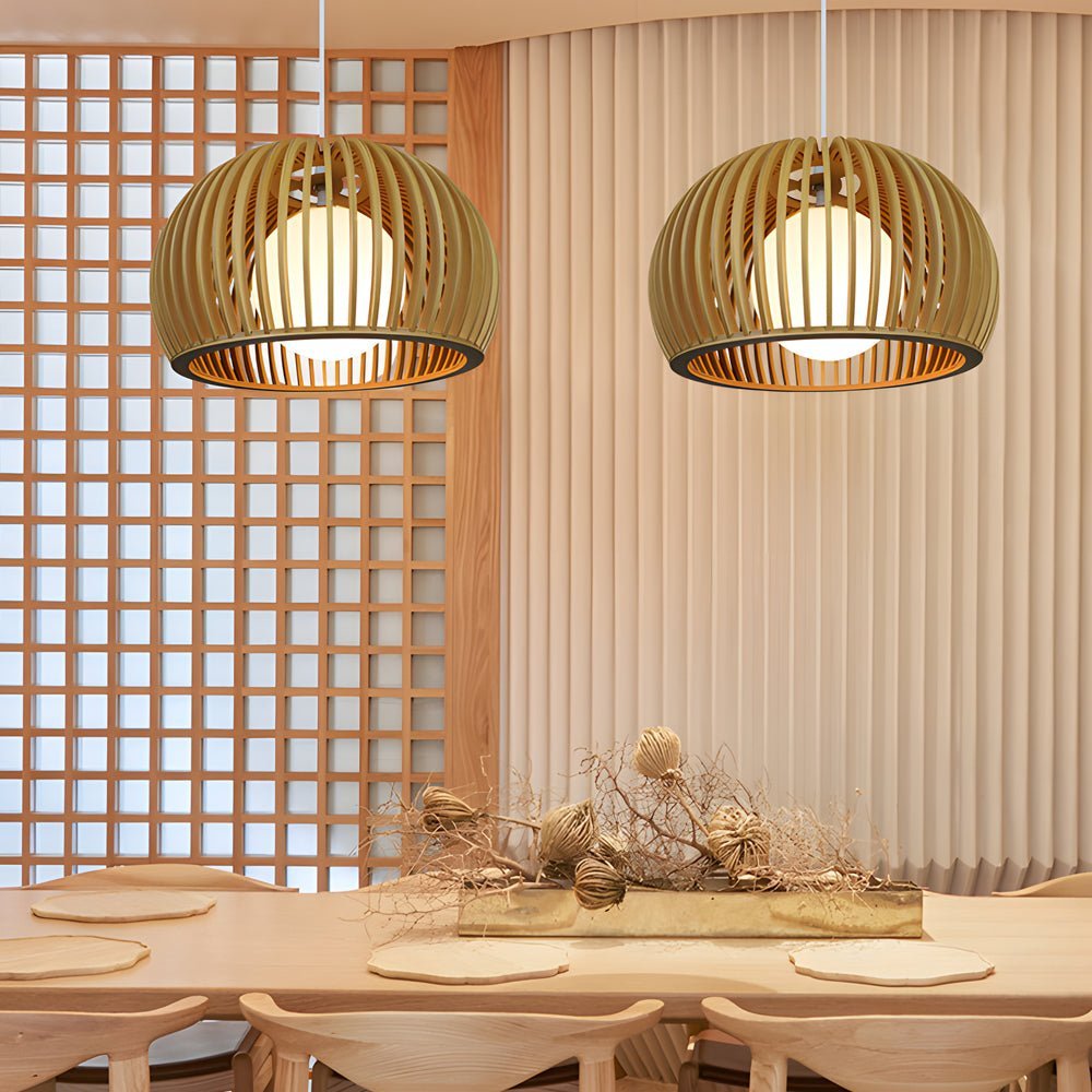 Hemispherical Birdcage Pendant — Wood and Glass, E27, 11.8" Diameter, 59.1" Adjustable Cord, 3000K
