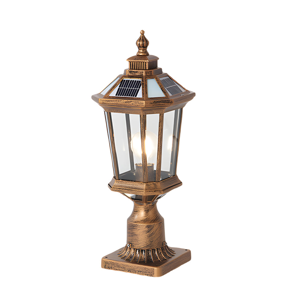 Octagonal Pagoda Pillar Light — Aluminum & Glass, Solar / Hardwired, 3-Step Dimming, Black or Bronze