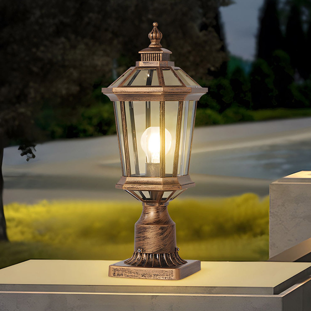 Octagonal Pagoda Pillar Light — Aluminum & Glass, Solar / Hardwired, 3-Step Dimming, Black or Bronze