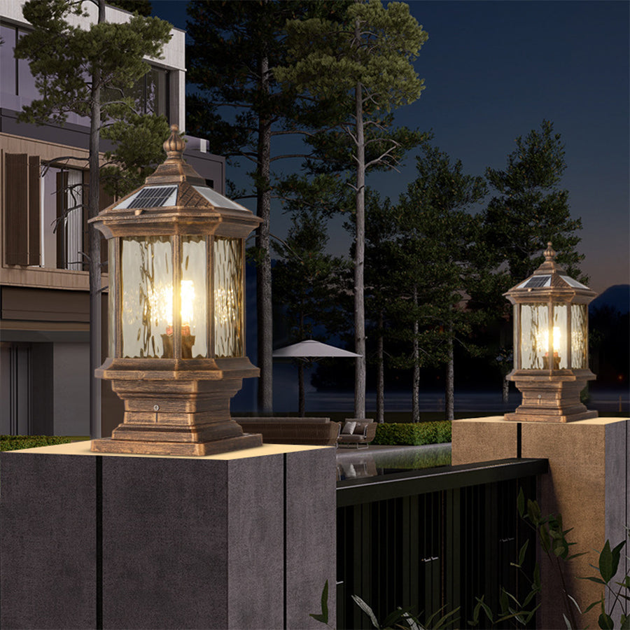 Vintage Lantern Pillar Light — Aluminum, Solar or Hardwired, IP54, 3-Step Dimming, Black or Bronze