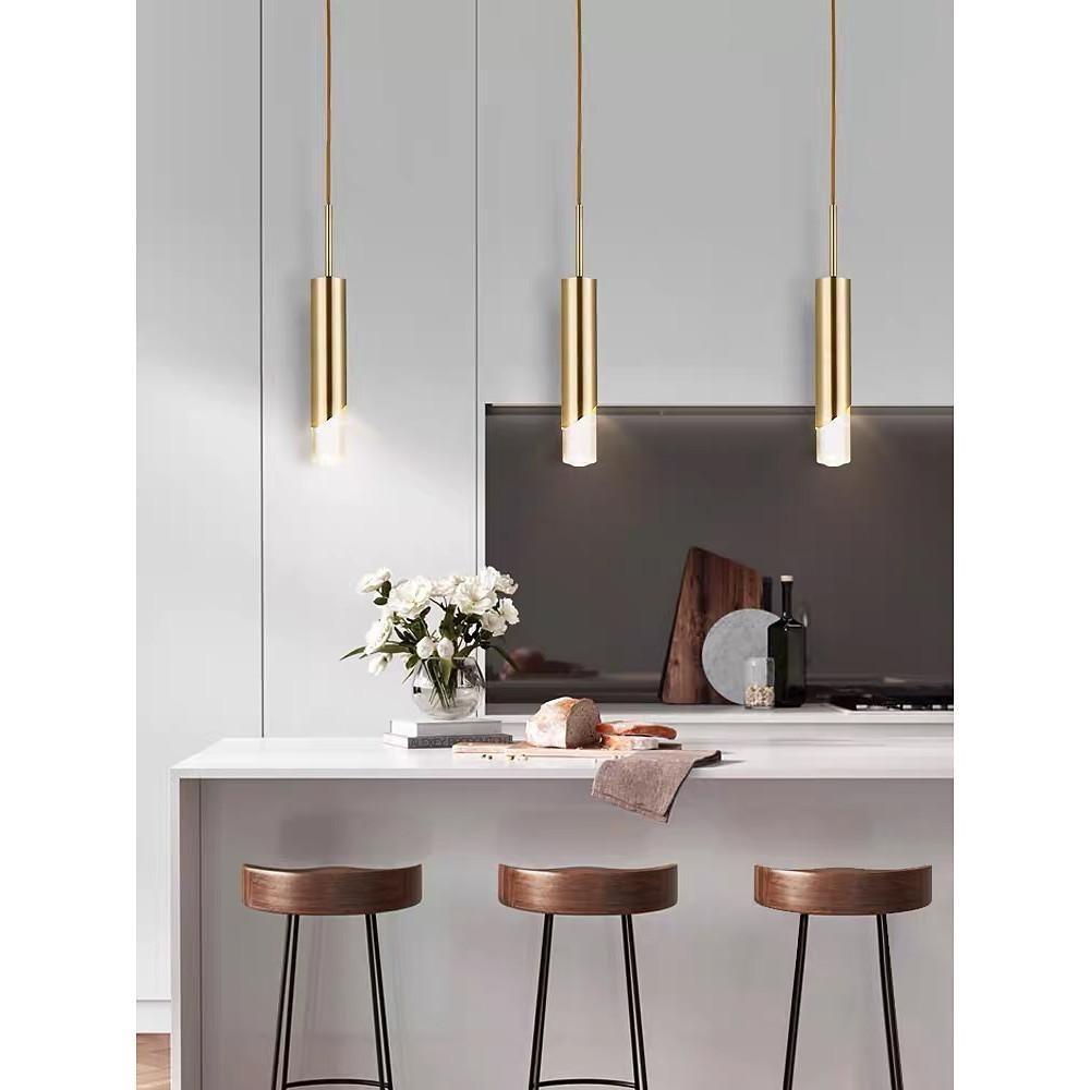 Crystal Column Mini Pendant — Gold-Finish Iron, Elongated Cylinder, GU10 LED, 3-Step Dimming, 2700K / 6000K